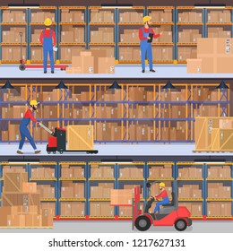 Delivery, warehouse, freight transportation company interior. Warehouse or factory workers with load equipment horizontal banners set.