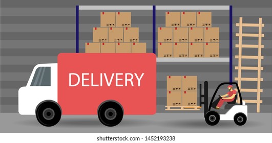 Delivery warehouse. Logistic process. Forklift loads the parcels in the truck. Flat style.