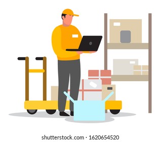 Delivery or warehouse man. Courier in uniform using laptop. Character in a cap. Delivery service. Vector illustration in cartoon style