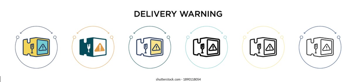 Icono de advertencia de entrega en el estilo relleno, delgado, contorno y trazo. Ilustración vectorial de dos iconos vectoriales de advertencia de entrega en color y negro se pueden utilizar para móviles, ui, web