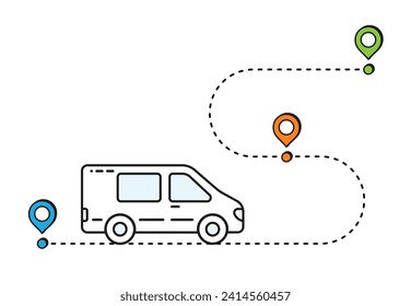  Trayecto de entrega. Icono de bus y mapa. Azul, verde, naranja, blanco. vector. carretera. gráfico.