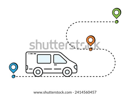  Delivery way. Bus and map icon. Blue, green, orange, white. vector. road. graphic.
