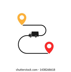 Delivery way icon with truck and pointers. Vector illustration.