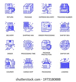 Delivery web flat line icons set. Pack outline pictogram of express tracking, return package, courier, order processing, shipping concept. Vector illustration of symbols for website mobile app design