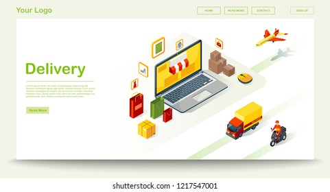 Delivery web page vector template with isometric illustration. Freight and cargo shipment. Website interface design idea. Landing page layout. Web banner, webpage color 3d concept 