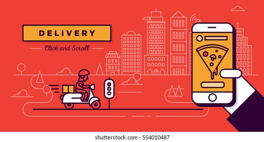 Delivery Website Banner in Flat Linear Vector Style
