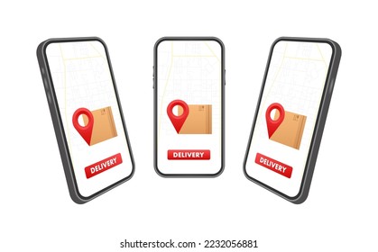 Delivery Website Banner. Delivery service app on smartphone screen. Flat style vector illustration