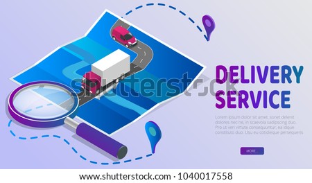 Delivery Website Banner. Delivery service app with map background. Isometric style vector illustration.