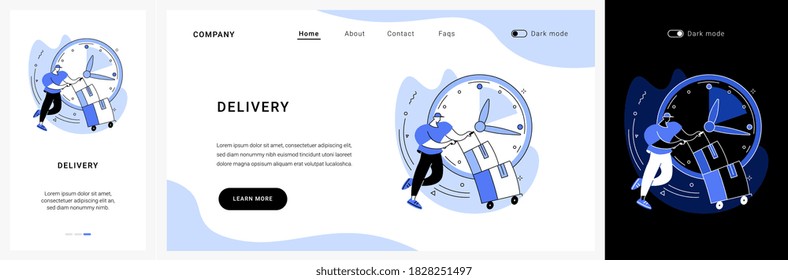 Delivery website UI kit. Order list, express mail delivery service, online shopping website, international shipping cost, customer information, buy goods landing and mobile app vector UI template.