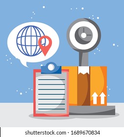 delivery weight scale with box and clipboards global logistics.  Online ecommerce shopping vector illustration.  COVID-19 coronavirus concept.