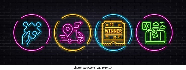 Delivery, Winner ticket and Puzzle minimal line icons. Neon laser 3d lights. Travel luggage icons. For web, application, printing. Truck route, Carousels award, Jigsaw game. Trip bag. Vector