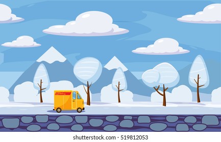 Delivery, Winter Landscape, Trees In The Snow, Truck, Cartoon Style, Vector Illustration