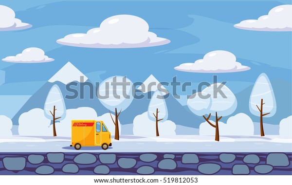 Delivery, winter landscape, trees in the\
snow, truck, Cartoon style, vector\
illustration