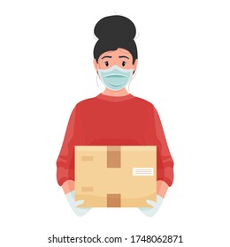 Delivery woman with box during the prevention of coronavirus. Courier in a face mask and gloves. Safety home delivery. Self isolation. Express delivery. Vector stock illustration in flat cartoon style