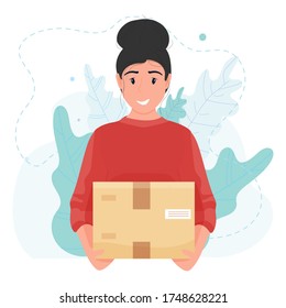 Delivery woman with box during the prevention of coronavirus. Courier. Safety home delivery. Self isolation. Express delivery. Vector stock illustration in flat cartoon style