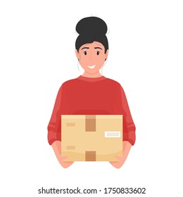 Delivery woman with box during the prevention of coronavirus. Courier. Safety home delivery. Self isolation. Express delivery. Vector stock illustration in flat cartoon style