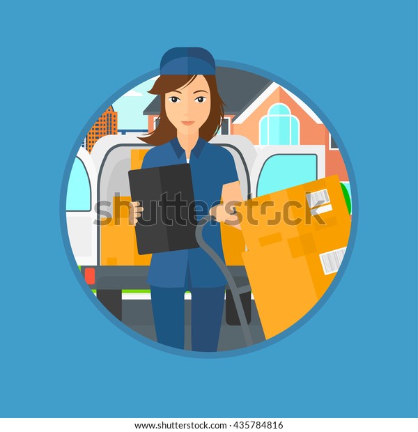 Delivery woman with cardboard boxes on\
troley. Delivery woman with clipboard. Delivery woman standing in\
front of delivery van. Vector flat design illustration in the\
circle isolated on\
background.