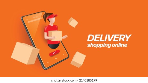 Delivery woman carrying food boxes or parcel box standing on smartphone screen and parcel boxes floating around 3d vector isolated on orange background for online shopping and delivery concept