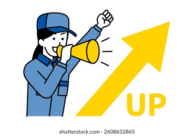 Delivery woman cheering with a rising arrow and a megaphone