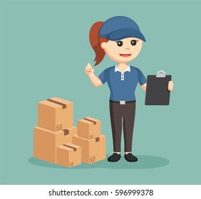 delivery woman with clipboard and stack of boxes