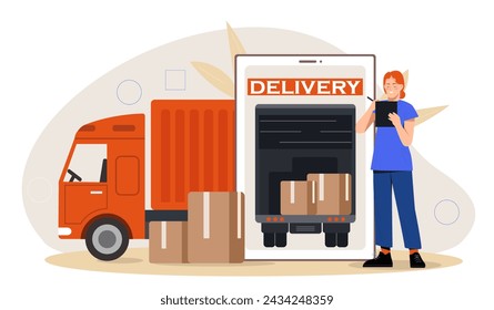 Delivery woman concept. Young girl in blue uniform with cardboard boxes. Warehouse distribution, transportation and shipping. Import and export, home delivery. Cartoon flat vector illustration