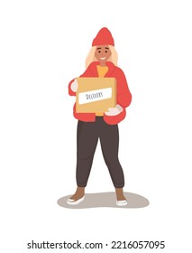 Delivery woman or courier gloves delivering box to customer. Online purchases during. Delivery girl with a box in her hands wearing gloves. Cartoon flat vector illustration