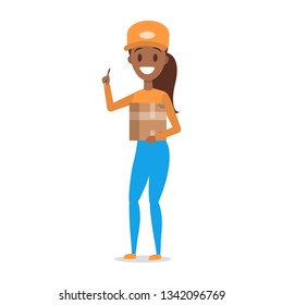 Delivery woman. Courier in orange and blue uniform holding box. Character in a cap. Delivery service. Vector illustration in cartoon style