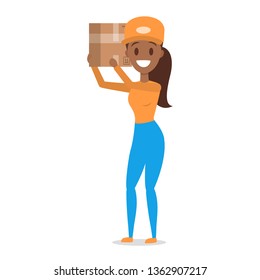 Delivery woman. Courier in orange and blue uniform holding box. Character in a cap. Delivery service. Vector illustration in cartoon style