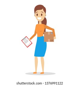 Delivery woman. Courier in orange and blue uniform holding clipboard and box. Character in a cap. Delivery service. Vector illustration in cartoon style