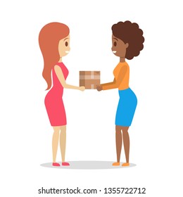 Delivery woman. Courier in uniform giving a box to client. Delivery service. Vector illustration in cartoon style