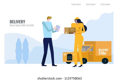 Delivery woman and Customer. Flat design vector illustration concept.