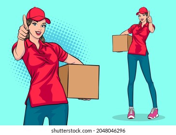 Delivery Woman Employee Holding Big Box Charactor Pop Art Comic Style