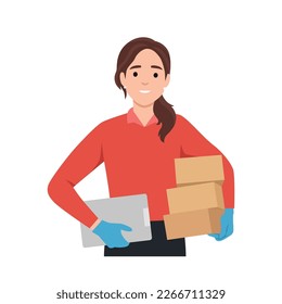 Delivery woman employee holding boxes and clipboard. Flat vector illustration isolated on white background