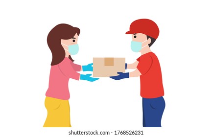 Delivery woman with face mask in red cloth holding a box package give to man costumer,Safe delivery concept