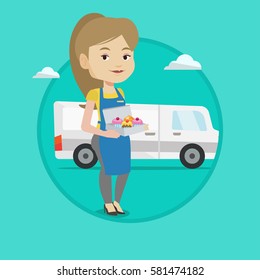 Delivery woman holding a box of cakes. Baker delivering cakes. Woman with cupcakes standing on the background of delivery truck. Vector flat design illustration in the circle isolated on background.