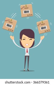 Delivery woman juggler a cardboard box