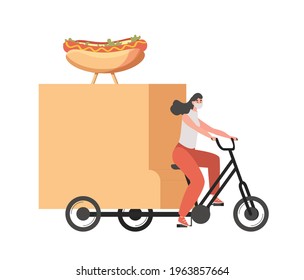 Delivery woman in medical face mask riding on bike and delivers hot dogs vector flat illustration isolated on white background. Online shopping, non contact delivery service, and logistics concept.