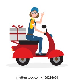 Delivery woman on scooter. Fast transportation. Isolated cartoon character on white background. Postwoman, courier with parcel on motorbike.