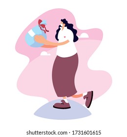 delivery woman on the way to the customer with face mask vector illustration design