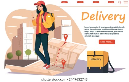 Una mujer de reparto en una interfaz de Sitio web, Ilustración vectorial de servicio de entrega urbana en un fondo ligero, concepto de mensajería. Ilustración vectorial