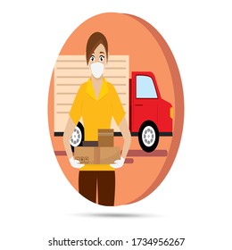 Mujer partera con un paquete. Entrega segura - Vector