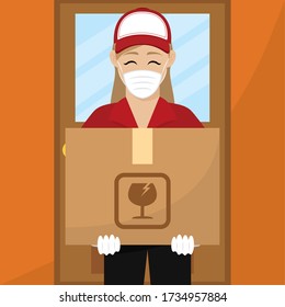 Delivery woman with a package. Secure delivery - Vector