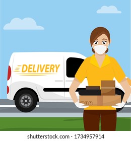 Delivery woman with a package. Secure delivery - Vector