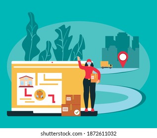 delivery woman packaging box service online order and tracking vector illustration
