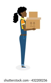 Delivery woman with parcel. Fast transportation. Isolated african american cartoon character on white background. Postwoman, courier with package. Concept of online shopping and moving.