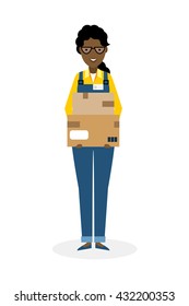 Delivery woman with parcel. Fast transportation. Isolated african american cartoon character on white background. Postwoman, courier with package. Concept of online shopping and moving.