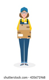 Delivery woman with parcel. Fast transportation. Isolated cartoon character on white background. Postwoman, courier with package. Concept of online shopping and moving.