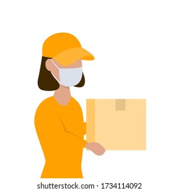Delivery woman with a parcel in her hands in face mask