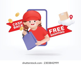 Delivery woman Peeking Out Of Smartphone Screen. Female employee in cap t-shirt print working as courier. 3d render cartoon vector design.
