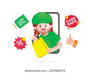 Delivery woman Peeking Out Of Smartphone Screen. Female employee in cap t-shirt print working as courier. 3d render cartoon vector design.